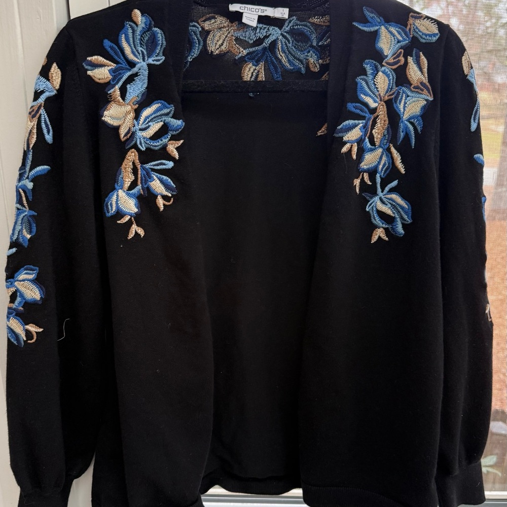 Gorgeous Chico's Black Cardigan Sweater with Blue Floral Embroidery Sz. 1/M
